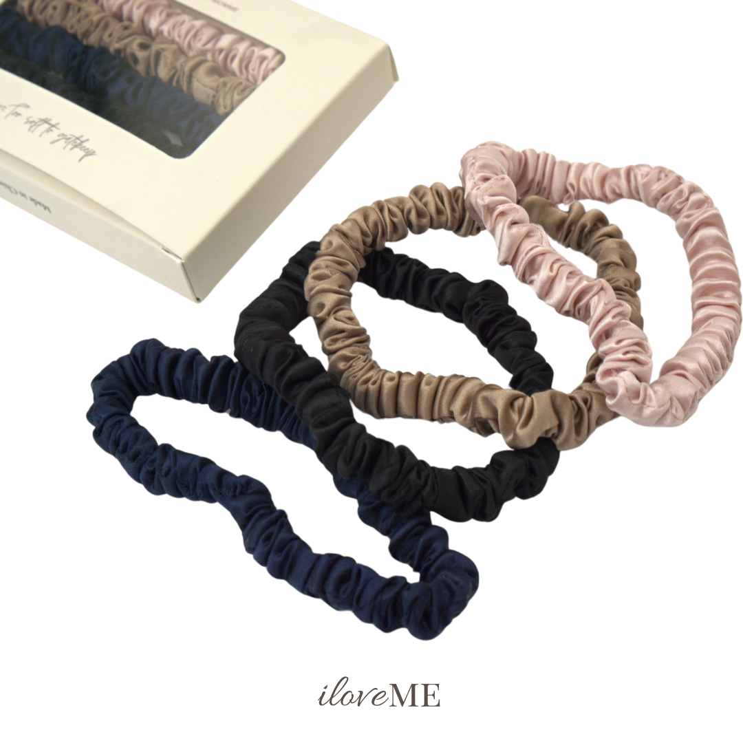 100% Mulberry Silk Skinny Scrunchies Set - (4 pcs)