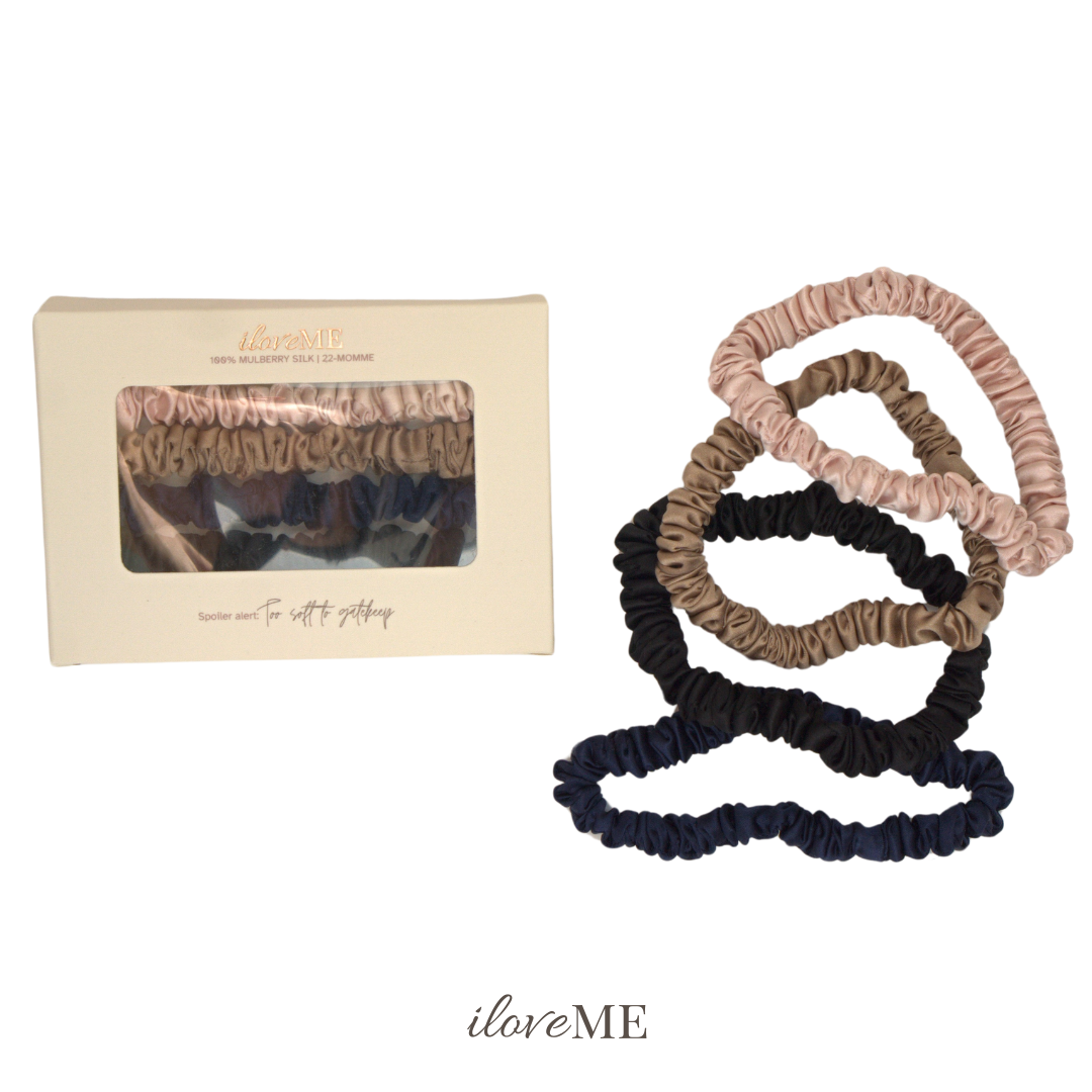 100% Mulberry Silk Skinny Scrunchies Set - (4 pcs)
