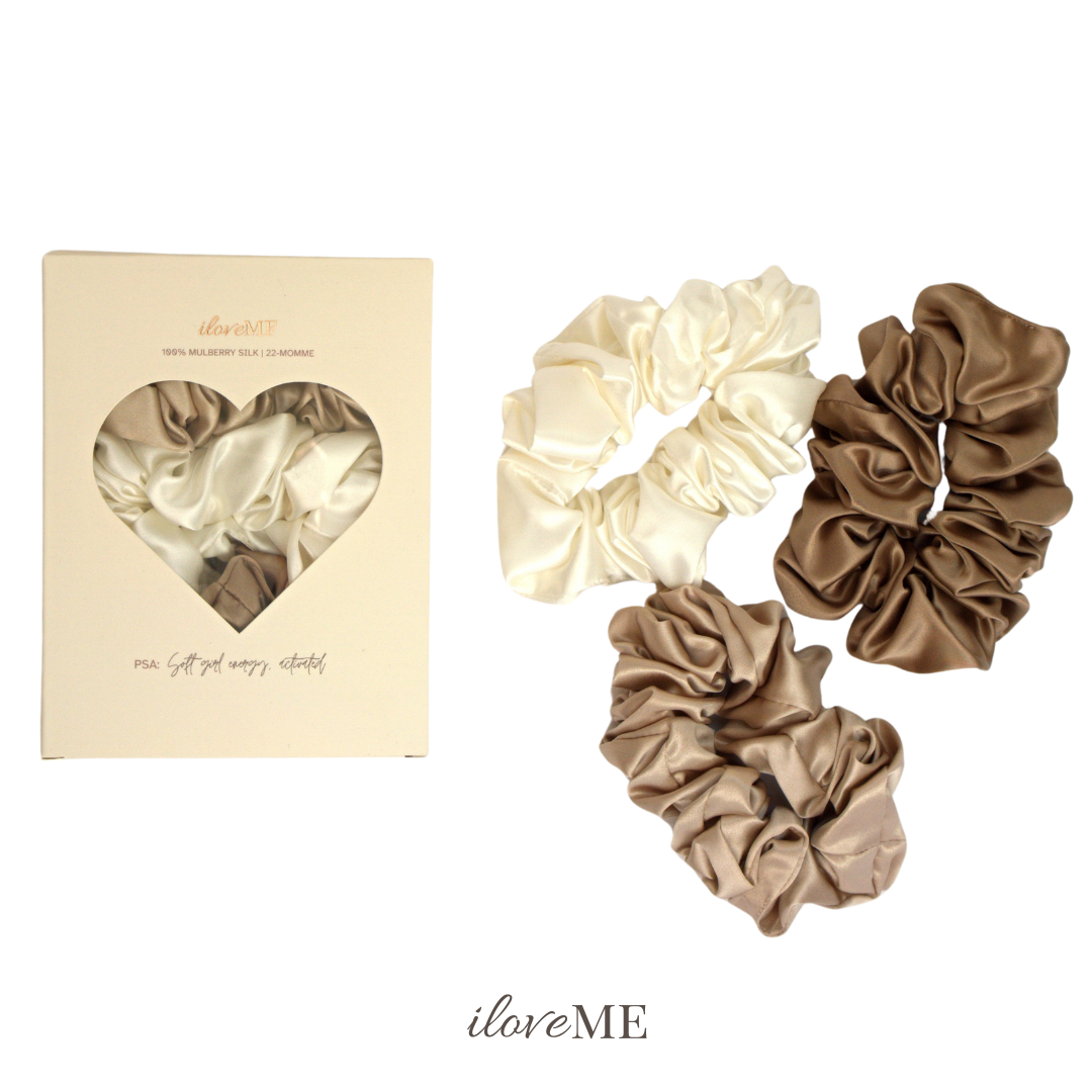 100% Mulberry Silk Scrunchie Trio – Gentle Hold, No Kinks (3.5cm, 22-momme)
